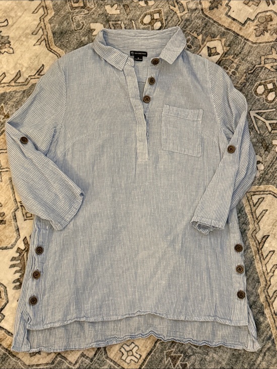 new directions Tops - new directions Blue & White Striped Button-Accent Pullover Tunic